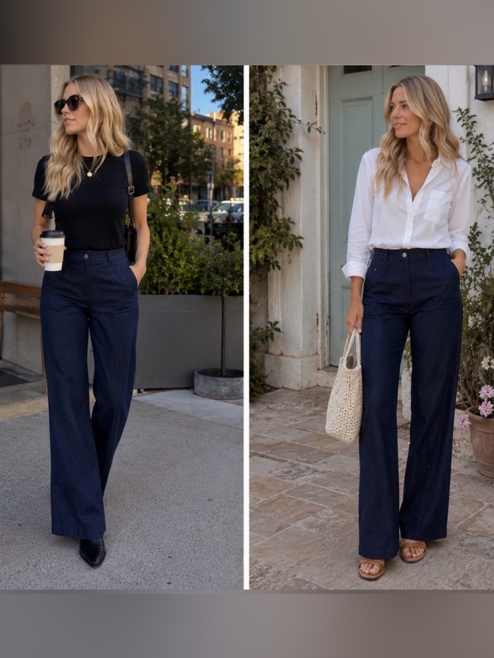 St. John Sport Navy Wide Leg Stretch Denim Pants Size 8 Gold Logo